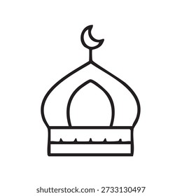 Minimal line icon of an Islamic mosque dome topped with a crescent moon, representing Islamic architecture, faith, and religious identity. Suitable for Ramadan, Eid, and Islamic design themes.