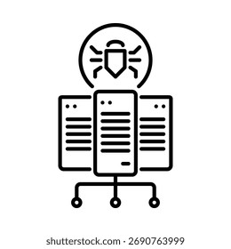 Icono de línea mínima de ataque de malware en el servidor. Aislado sobre fondo blanco.