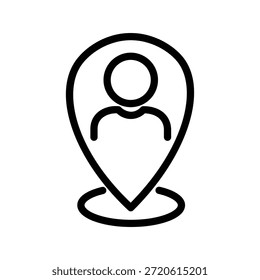 Icono de línea mínima de un pin de ubicación de mapa con una silueta de persona dentro que representa la identidad y la navegación de la ubicación del usuario