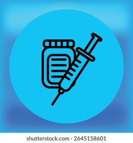 Ícone de linha mínimo de um frasco para injetáveis de medicamento e seringa sobre um fundo azul. Símbolo de injeção médica, vacina ou tratamento de saúde para temas de saúde.