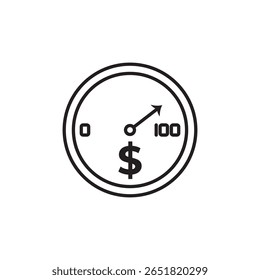 Ícone de linha mínima de um medidor ou indicador com um sinal de dólar e escala numérica de 0 a 100, representando pontuação de crédito, classificação financeira ou credibilidade pessoal.