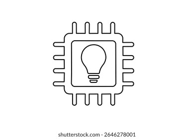 Minimal line icon of a microchip with a light bulb inside, symbolizing innovation, AI, smart technology, and creative tech ideas. Isolated vector for tech and design use.