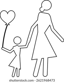 Minimal line icon of a mother and child holding a heart balloon. Perfect for Mother's Day, parenting themes, and family love concepts in black and white outline style. Mother and Child Holding Heart 