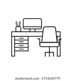 Icono de línea mínima de un escritorio de oficina que representa el mobiliario del lugar de trabajo y la configuración de la oficina. Ideal para App, Sitios web, diseños de oficinas, ilustraciones de negocios y diseño de espacios de trabajo.