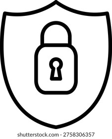 Minimal line icon of a padlock on a shield symbolizing cybersecurity, protection, privacy, encryption, and secure data systems. Clean outline style for UI, apps, and web design