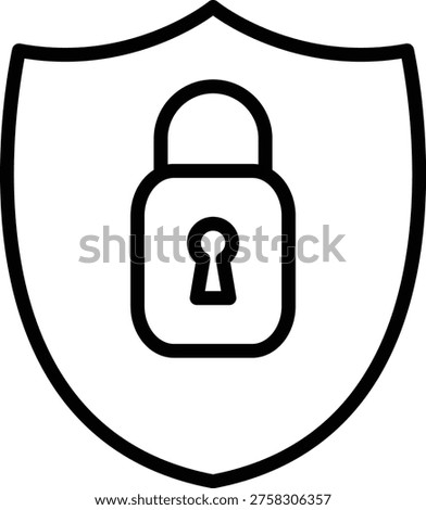 Minimal line icon of a padlock on a shield symbolizing cybersecurity, protection, privacy, encryption, and secure data systems. Clean outline style for UI, apps, and web design