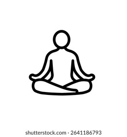 A minimal line icon of a person sitting in a classic meditation pose with crossed legs and open hands. Represents mindfulness, inner peace, and calmness. Ideal for wellness