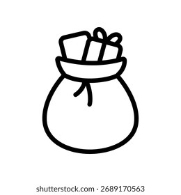Minimal line icon of Santa's gift sack filled with presents. Great for Christmas delivery visuals, gift exchange designs, and festive holiday themes.