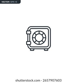 Minimal line icon of a secure safe. Represents protection of valuables, secure storage, and high-level banking or corporate asset security.