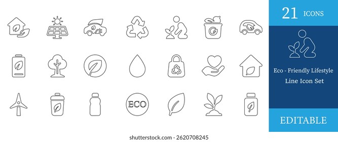 Minimal line icon set with 21 eco-friendly lifestyle icons. Includes nature, recycling, solar energy, electric vehicles, and zero-waste symbols. Fully editable and scalable vector design.