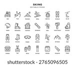 Minimal line icon set about skiing and winter resort: skier, tracks, mountains, lift, snowboard, gear, sauna, routes, tickets, calendar and more, editable stroke