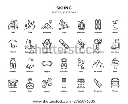 Minimal line icon set about skiing and winter resort: skier, tracks, mountains, lift, snowboard, gear, sauna, routes, tickets, calendar and more, editable stroke
