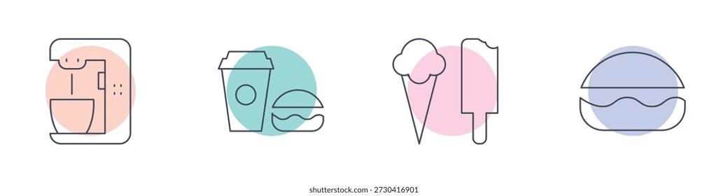 Minimal line icon set with coffee machine, takeaway drink, burger, ice cream and dessert. Concept of fast food, street food and sweet snacks. Clean modern illustration for web, UI and stock usage.