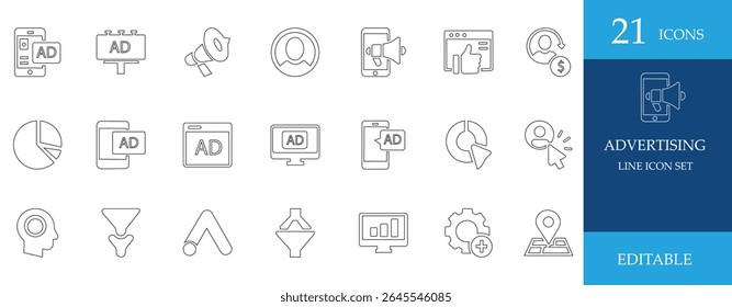 Minimal line icon set featuring advertising, marketing, campaign, promotion, branding, digital strategy, content, media, and online engagement tools.