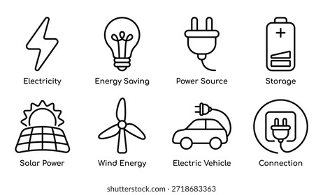 Conjunto de iconos de línea mínima con electricidad, ahorro de energía, fuente de energía, almacenamiento de batería, energía solar, energía eólica, vehículo eléctrico e iconos de conexión para UI, App, Web e infografías.
