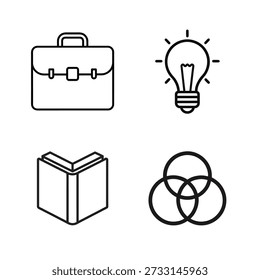 Minimal Line Icon Set Featuring Briefcase, Light Bulb, Open Book and Venn Diagram for Business, Education and Idea Concepts