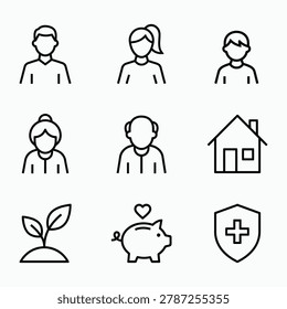  Minimal line icon set featuring family members, home, savings, health, and lifestyle symbols. Ideal for apps, web design, and branding projects.