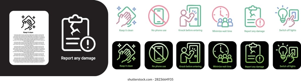 minimal line icon set for General Hygiene and Courtesy this icons for the following topics, Keep it clean ,No phone use , Knock before entering, Minimize wait time ,Report any damage ,Switch off lights