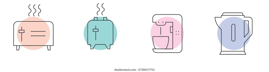 Minimal line icon set of kitchen appliances including toaster, bread toaster, coffee machine and electric kettle. Clean editable vector for kitchen, home and appliance themes.