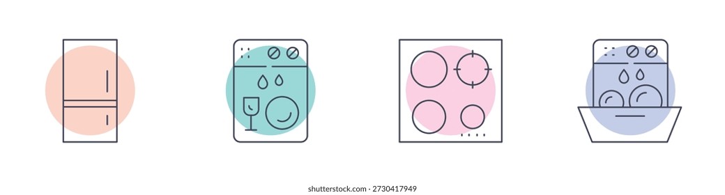 Conjunto de ícones de linha mínima de utensílios de cozinha, incluindo geladeira, máquina de lavar louça e fogão. Ilustração vetorial editável limpa para temas de cozinha, casa e eletrodomésticos.