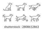 Minimal line icon set of a Labrador dog in different poses: sitting, standing, running, wagging tail, and playing fetch with a ball.