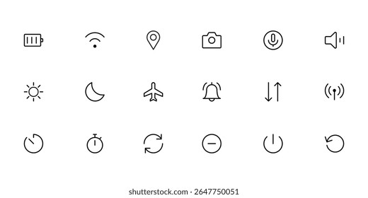 Minimal line icon set for mobile app user interface with battery wifi camera power sound and time symbols. Fully scalable and customizable.