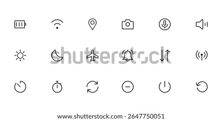 Minimal line icon set for mobile app user interface with battery wifi camera power sound and time symbols. Fully scalable and customizable.