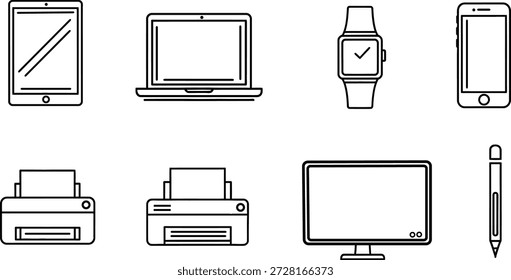 Conjunto de iconos de línea mínima de dispositivos electrónicos modernos que incluyen tableta, computadora portátil, reloj inteligente, teléfono inteligente, impresoras, monitor y lápiz óptico.