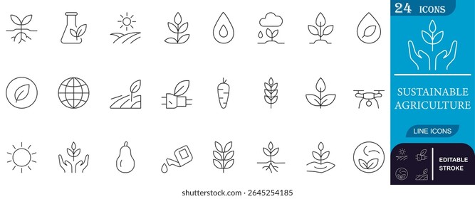 Icono de línea mínima establecido en la agricultura sostenible con agricultura ecológica, crecimiento orgánico, riego y agricultura inteligente. Perfecto para proyectos verdes, ecológicos y agrícolas.