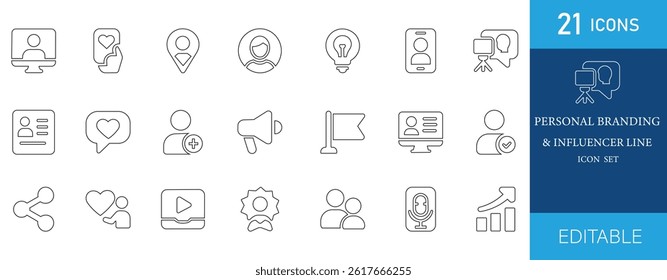 Minimal line icon set for personal branding and influencer content. Includes user, profile, camera, idea, video, microphone, and social media symbols. Perfect for digital creatives.