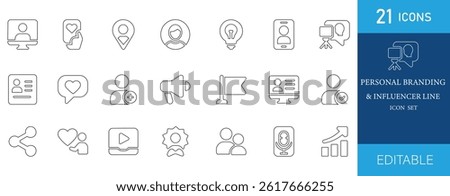 Minimal line icon set for personal branding and influencer content. Includes user, profile, camera, idea, video, microphone, and social media symbols. Perfect for digital creatives.