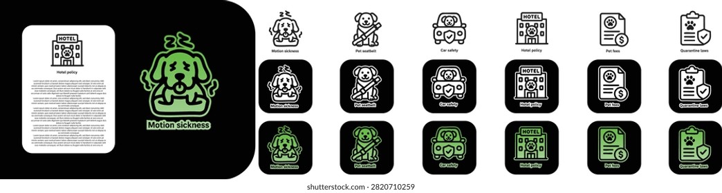 Minimal line icon set for Pet Travel like Motion sickness Pet seatbelt Car safety Hotel policy Pet fees Quarantine laws
