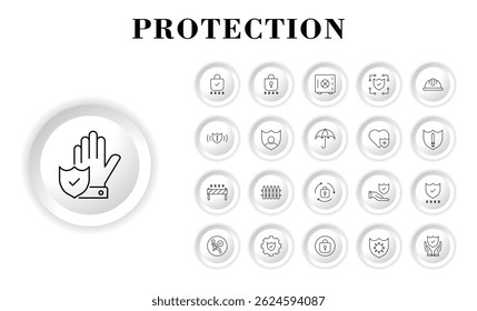 A minimal line icon set representing the concept of protection. Includes shield, lock, fingerprint, password, firewall, antivirus, and data encryption symbols in a modern button-style frame.