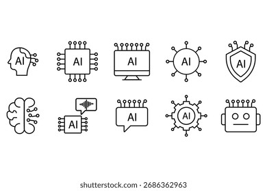 Minimal line icon set representing artificial intelligence technology