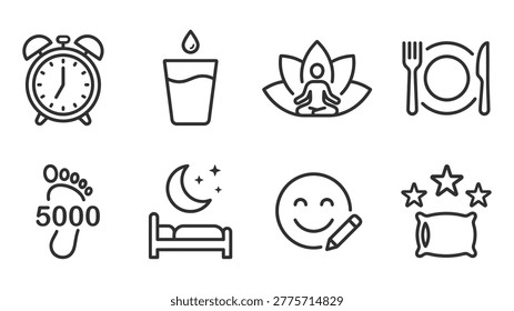 Minimal line icon set representing daily health habits and wellness routines for lifestyle alarms.