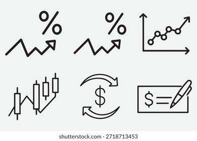 Conjunto mínimo de ícones de linha mostrando gráficos de crescimento financeiro, aumento percentual, gráfico de castiçal, câmbio de moeda e símbolos de edição de preço. Ideal para negócios, finanças, análises e conceitos de investimento