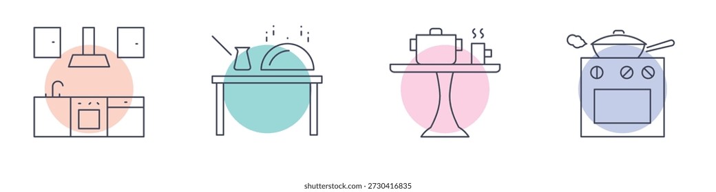 Conjunto de ícones de linha mínima mostrando o interior da cozinha e o processo de cozimento com armários, pia, mesa, utensílios de cozinha, fogão e forno. Ilustração vetorial editável limpa para temas de casa e cozinha.