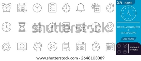 Minimal line icon set for time management and scheduling, featuring clocks, calendars, checklists, alarms, and reminders. Ideal for apps, productivity, and business tools.
