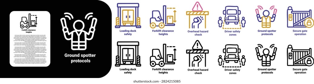 minimal line icon set for transport unloading rule this icons for the following topics, Loading dock safety, Forklift clearance heights , Overhead hazard check , Driver safety zones , Ground spotter protocols , Secure gat