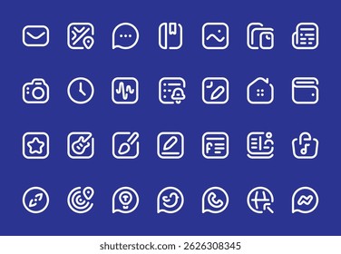Minimal line icon set for UI UX, apps, and web. Includes social, media, tools, and utility icons. Clean, modern style perfect for digital products and prototypes.