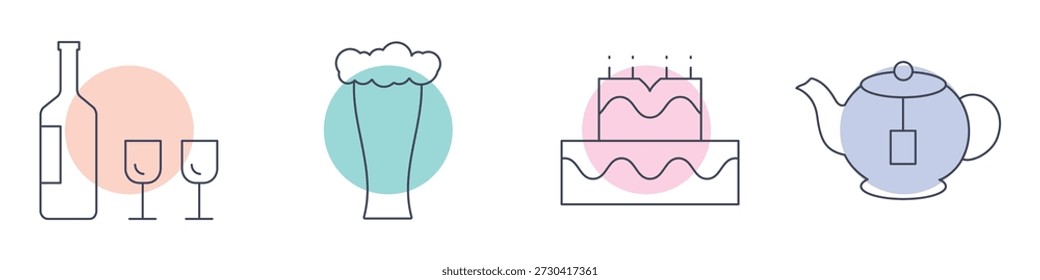 Minimal line icon set with wine bottle and glasses, beer, birthday cake and teapot. Concept of drinks, celebration, party, tea time and restaurant menu. Clean modern illustration.