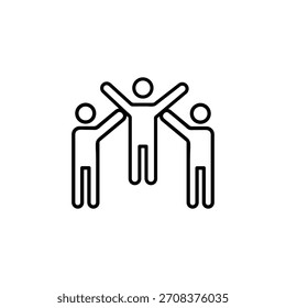 Icono de línea mínima que muestra a un líder central celebrando con Asistencia de equipo. Ideal para conceptos de liderazgo, trabajo en equipo, éxito, colaboración, motivación y crecimiento empresarial.