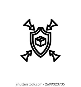 Ícone de linha mínimo mostrando uma blindagem com uma caixa dentro e setas apontando para fora. Representa envio seguro, proteção de entrega ou logística segurada. Adequado para a segurança dos negócios