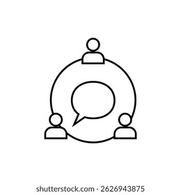 Minimal line icon showing three people connected in a circle with a central speech bubble, representing communication, collaboration, and teamwork in a group setting.