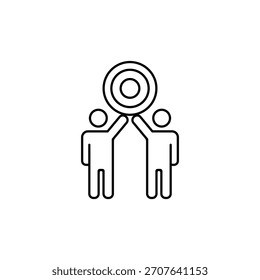 Minimales Liniensymbol, das zwei Personen anzeigt, die ein Zielsymbol zusammen anheben und gemeinsame Ziele, Teamarbeit, Zusammenarbeit, Erfolg, Partnerschaft, Missionsabschluss, Führung und Einheit in Projekten repräsentieren.