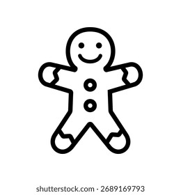 Minimal line icon of a smiling gingerbread man cookie. Great for bakery themes, festive treats, and Christmas holiday visuals.