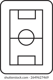 Minimal line icon of a soccer field top view with goals, center circle, and field markings.