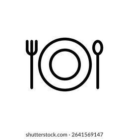 Minimal line icon of a spoon and fork on either side of a plate. Perfect for meal time illustrations, food service branding, diet planning, and restaurant signage.