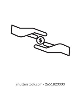 Ícone de linha mínimo de duas mãos trocando uma moeda, simbolizando a mesada, dando dinheiro, dinheiro de bolso, doação ou apoio financeiro.