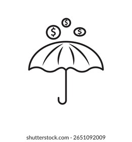 Icono de línea mínima de paraguas que protege las monedas de dólar que caen. Ideal para fondos de emergencia, protección de ahorros, seguridad financiera y conceptos de seguros.